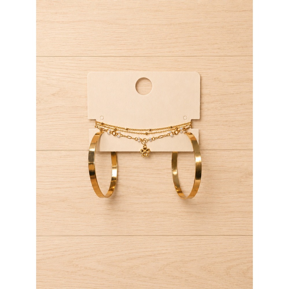 Gold Tone Hoop Earrings & Layered Chain Jewelry Set Pearl Accent Floral Charm
